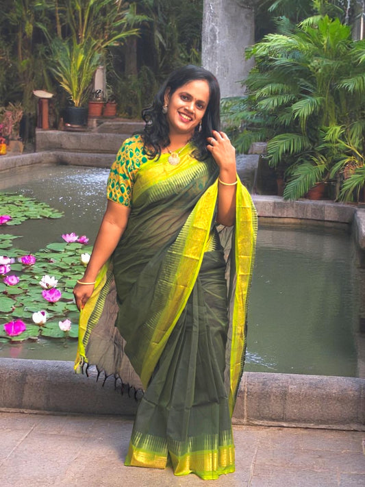 Dark green with light green zari border chettinad cotton saree