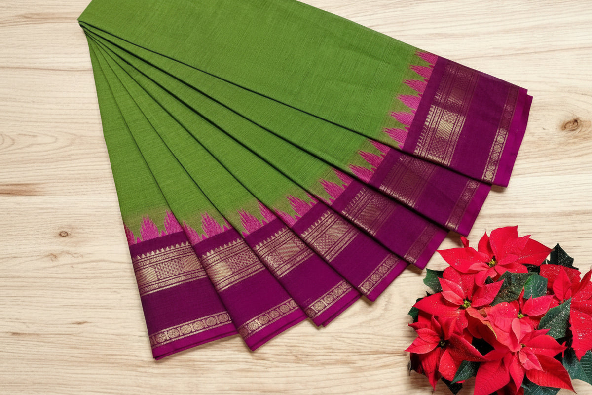 Leaf green and pink zari border 
Chettinad cotton saree with Thazamboo border design