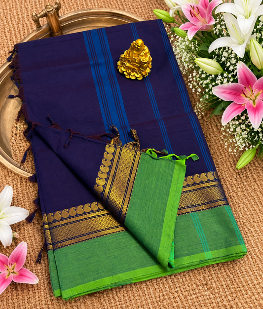 Purple with leaf green zari border kanchi cotton saree