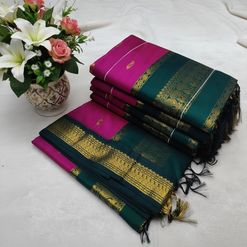Rani pink with bottle green Kalyani cotton saree