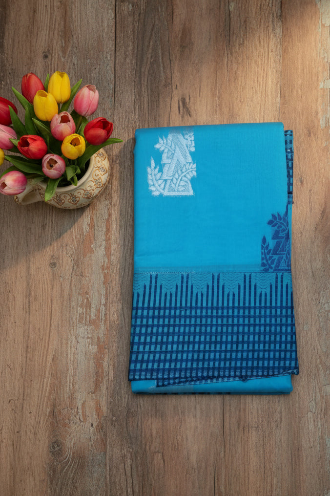 Kanchi semi silk Sky blue with navy blue border saree