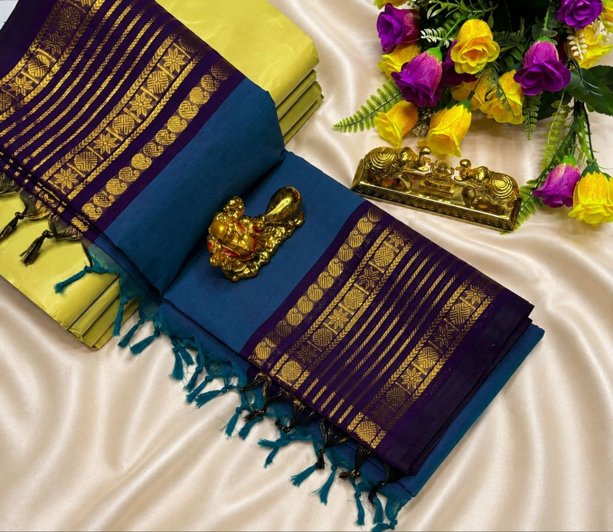 Teal blue with deep purple mango rudraksham star thick zari border 