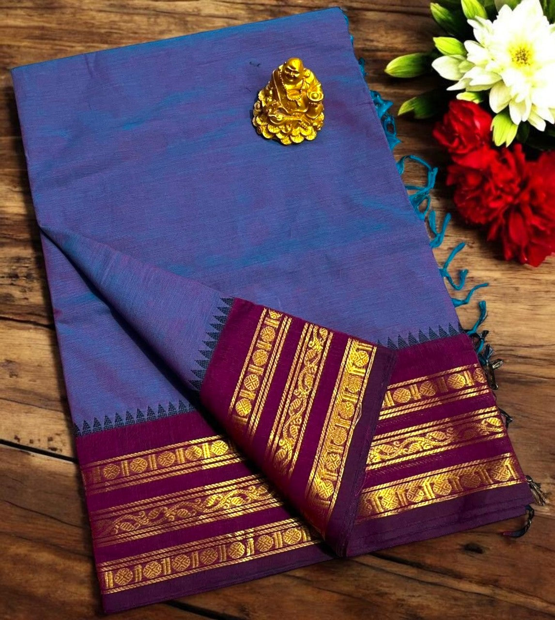 Teal blue with maroon golden zari border kanchi cotton