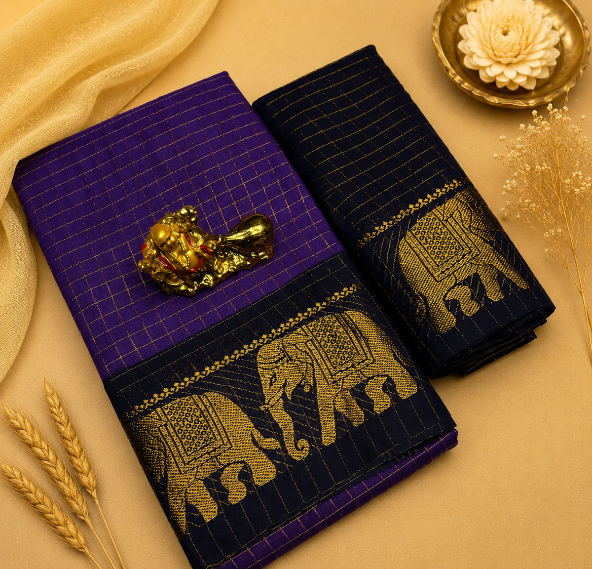 Violet with navy blue sungudi elephant border saree