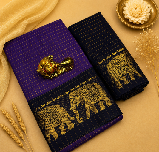 Violet with navy blue sungudi elephant border saree