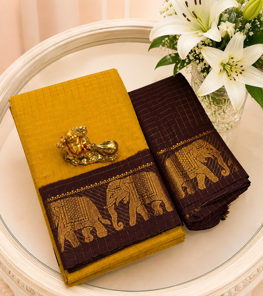 Mustard Yellow & Dark Maroon Elephant Zari Border Sungudi Saree