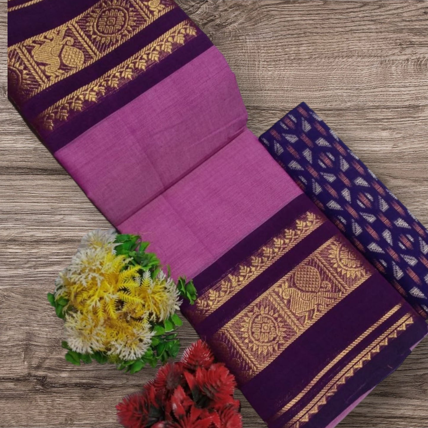 Pink and Purple border with golden zari chettinad cotton saree