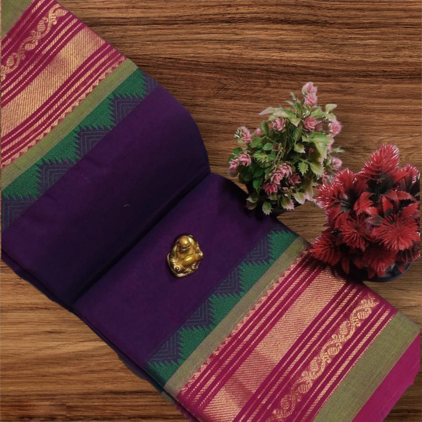 Purple with red golden zari border chettinad cotton saree