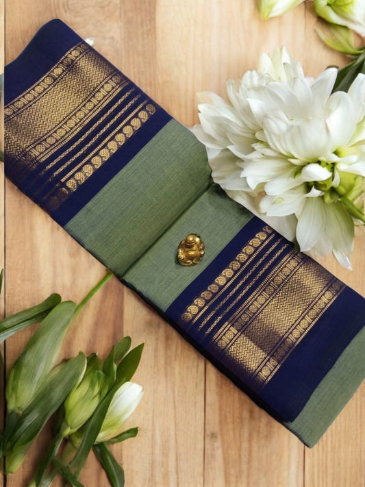 Teal green with Navy blue zari chettinad cotton
