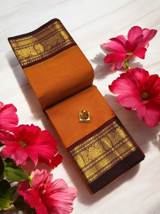 Orange with maroon zari border chettinad cotton
