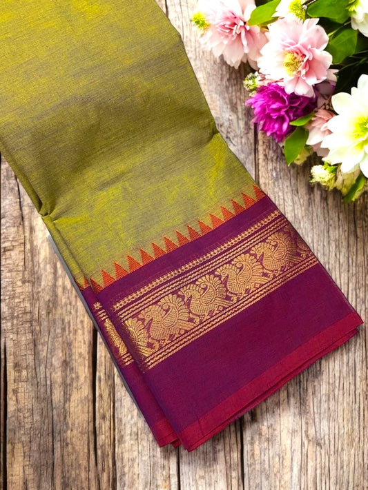 Leaf green with majenta peacock zari border chettinad cotton