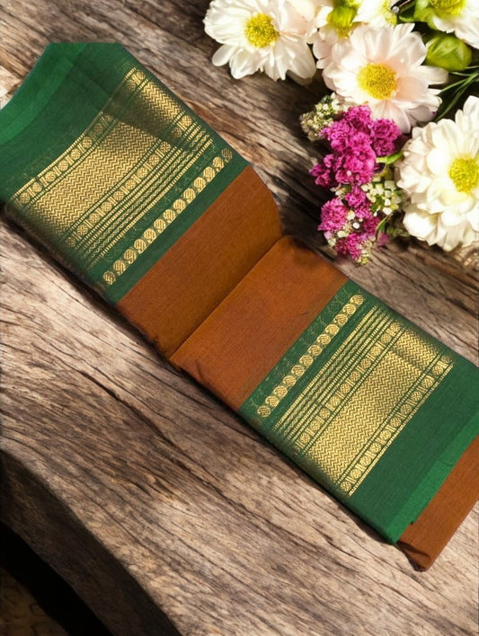 Mustard Yellow with border green zari Chettinad Cotton Saree