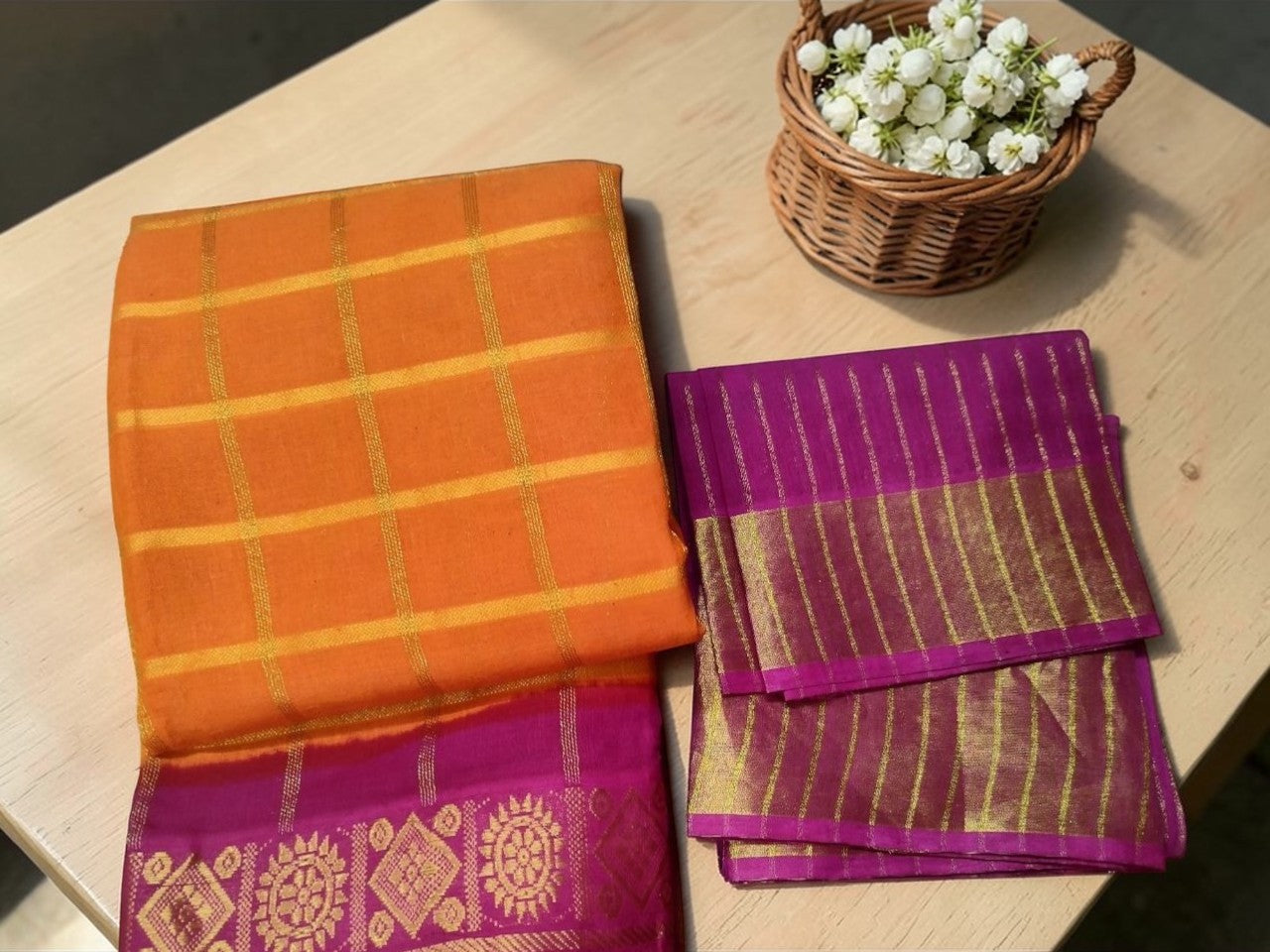 orange with pink Temple Gopuram zari border sungudi cotton saree
