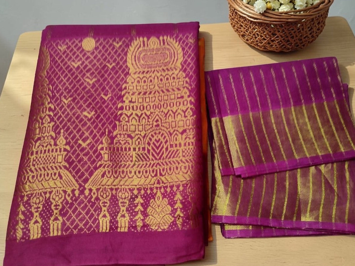 orange with pink Temple Gopuram zari border sungudi cotton saree