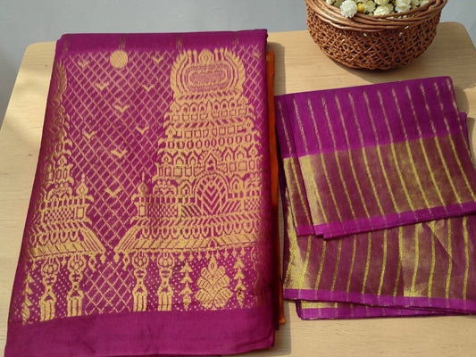 orange with pink Temple Gopuram zari border sungudi cotton saree