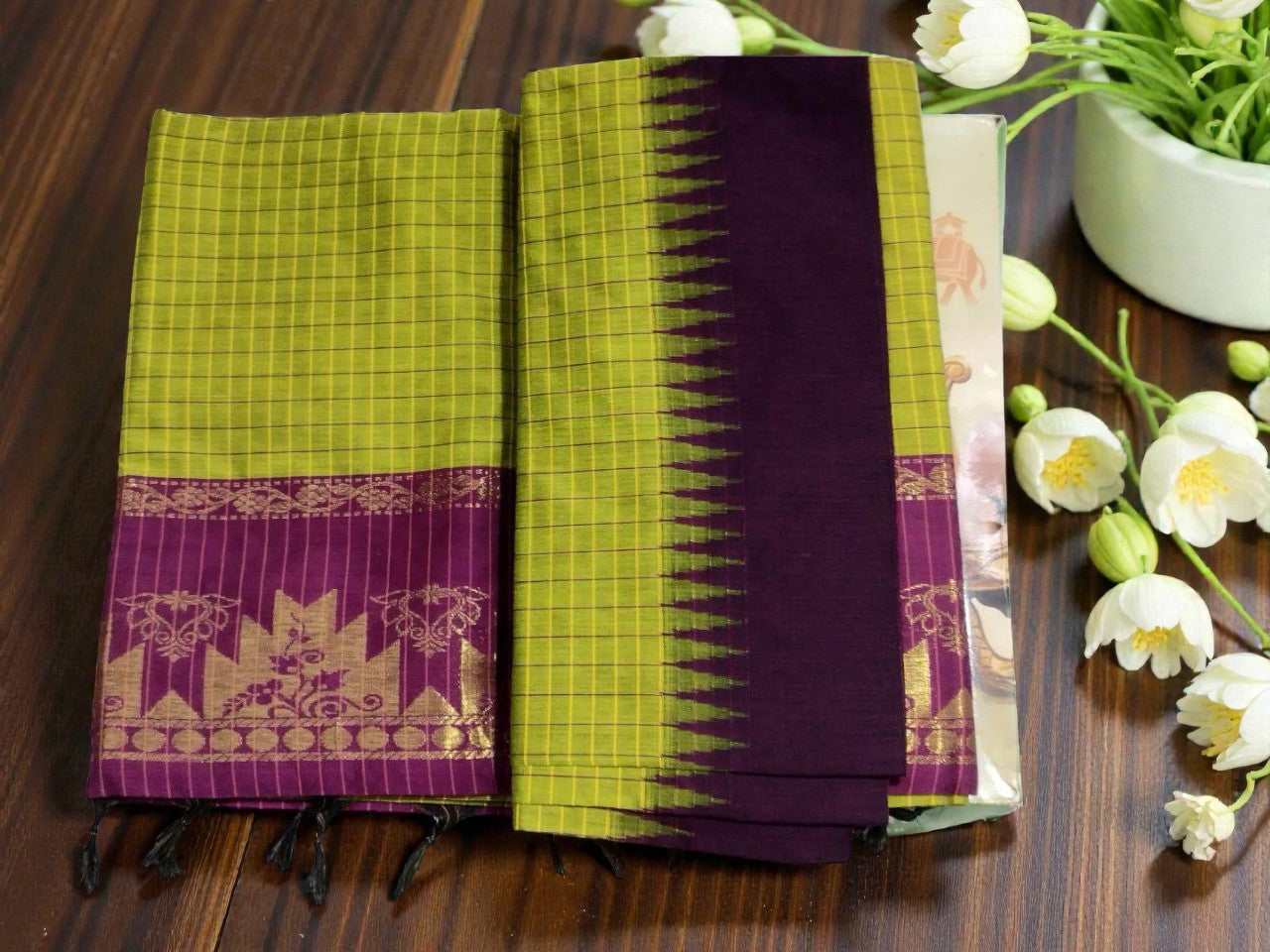 Light green and maroon border kalyani cotton saree