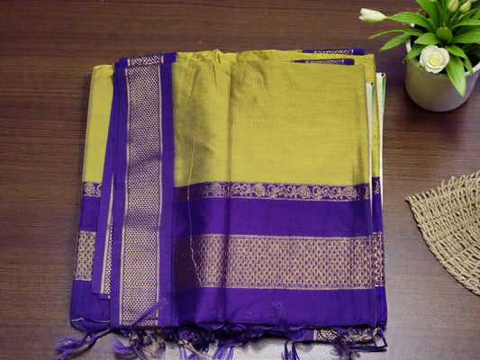 Lemon yellow with violet border kalyani cotton saree