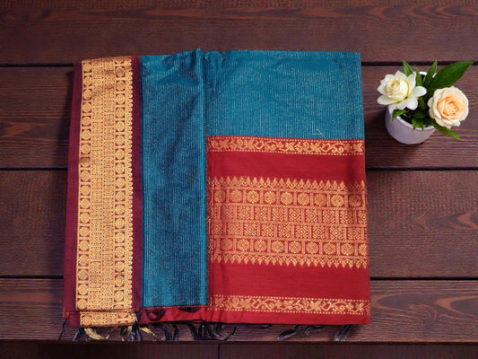 vairaoosi zari peacock blue with maroon border