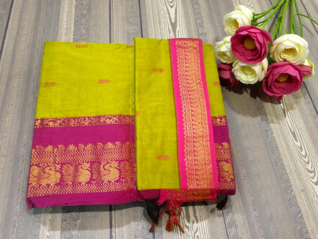 Lemon green with rani Pink border kalyani cotton saree