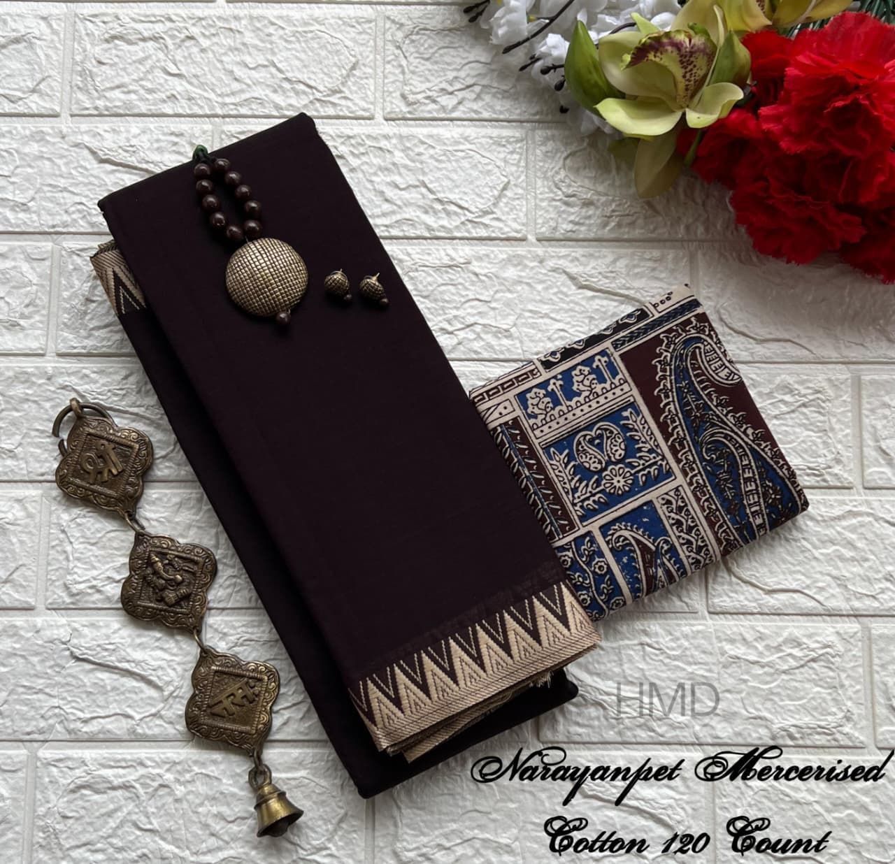 Deep brown Narayanpet cotton saree