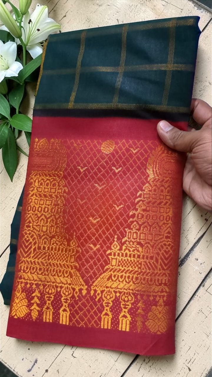 Bottle green and red Sungudi temple gopuram border 
