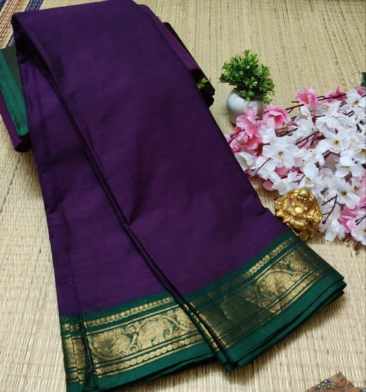 Purple with Bottle Green Elephant Peacock Zari Border Kanchi Cotton Saree