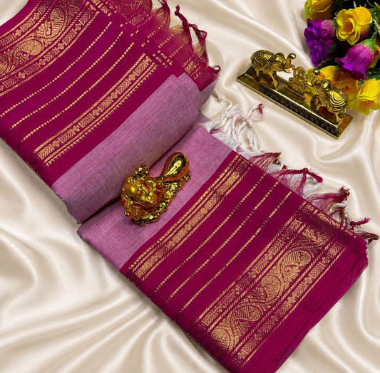 Lotus Pink with Rani Pink Zari Border Kanchi Cotton Saree