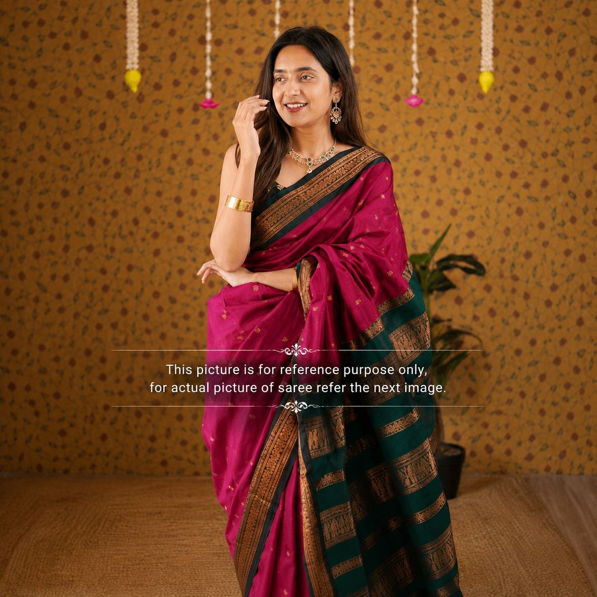 Rani pink with green border kalyani cotton saree