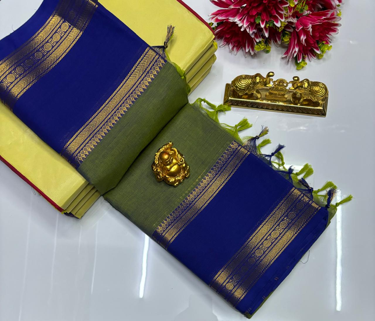 leaf green with ink blue zari border chettinad cotton saree