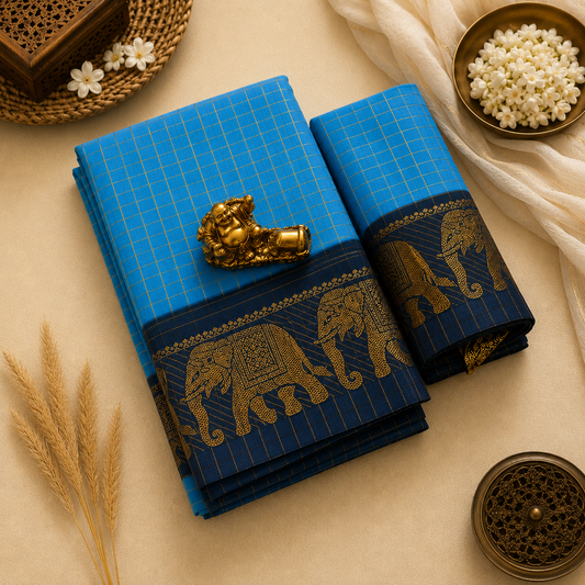 sky blue with navy blue sungudi elephant border saree